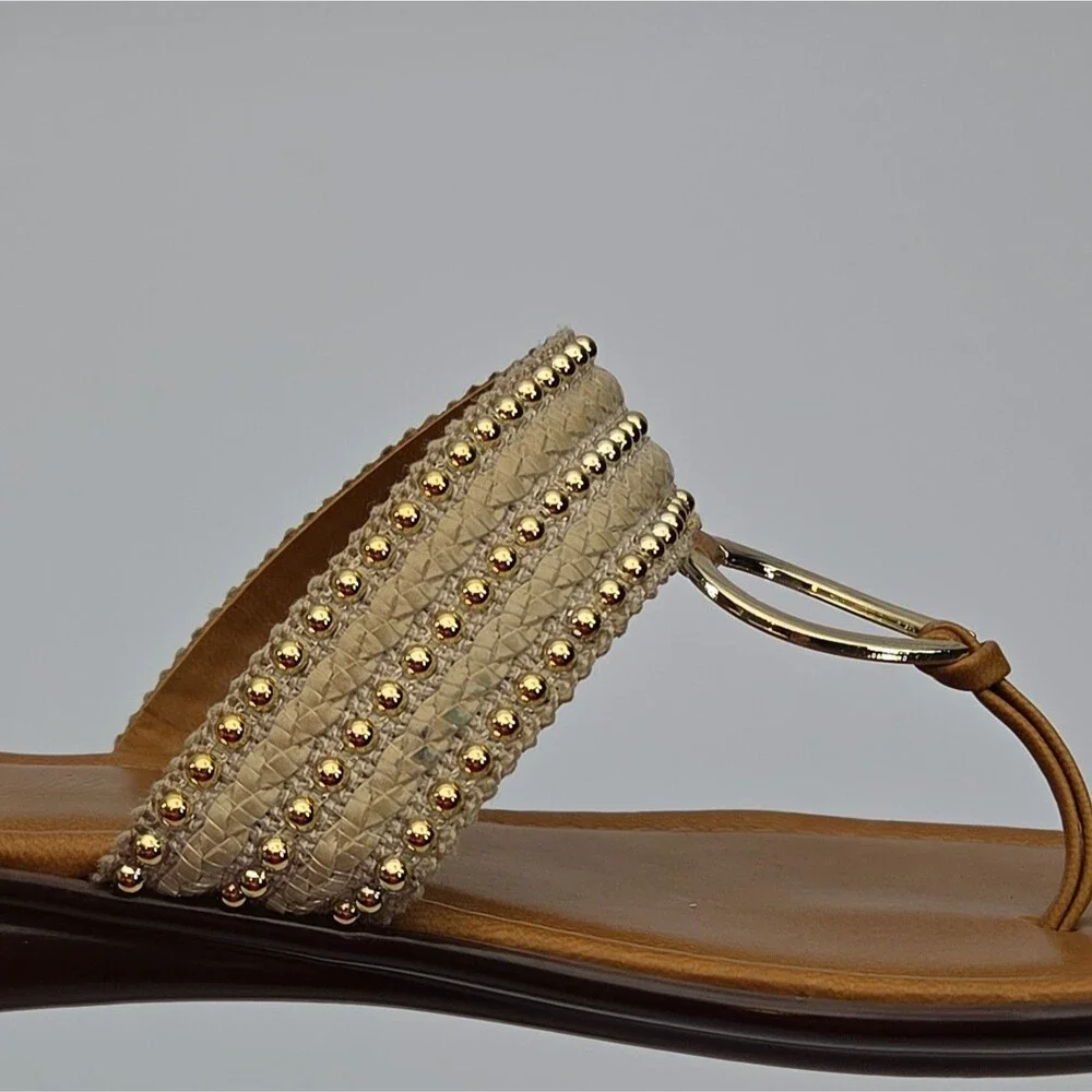 Toscanella Sandal Shoe Thong Flat Women Sz 7.5 Brown Gold Studs Slip-On Woven